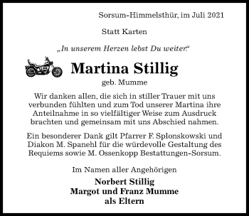 Traueranzeige von Martina Stillig von Hildesheimer Allgemeine Zeitung