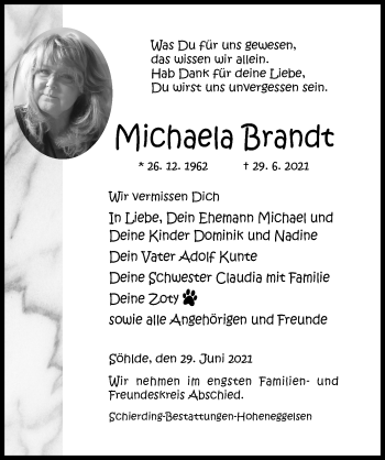 Traueranzeige von Michaela Brandt von Hildesheimer Allgemeine Zeitung