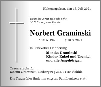 Traueranzeige von Norbert Graminski von Hildesheimer Allgemeine Zeitung