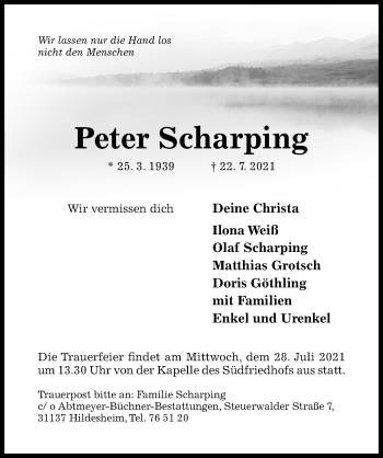 Traueranzeige von Peter Scharping von Hildesheimer Allgemeine Zeitung