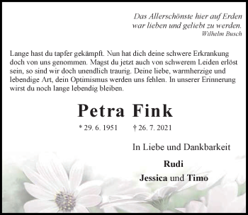 Traueranzeige von Petra Fink von Hildesheimer Allgemeine Zeitung