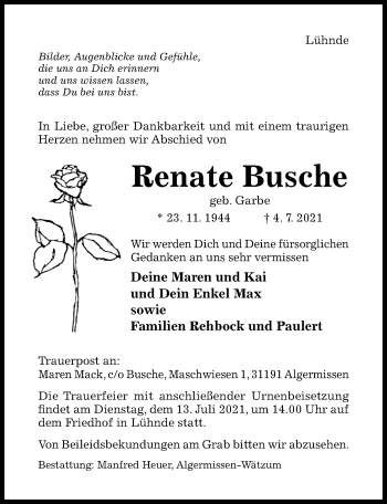 Traueranzeige von Renate Busche von Hildesheimer Allgemeine Zeitung