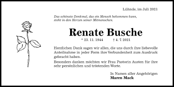 Traueranzeige von Renate Busche von Hildesheimer Allgemeine Zeitung