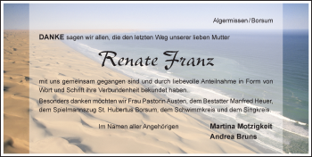 Traueranzeige von Renate Franz von Hildesheimer Allgemeine Zeitung