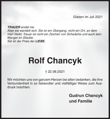 Traueranzeige von Rolf Chancyk von Hildesheimer Allgemeine Zeitung