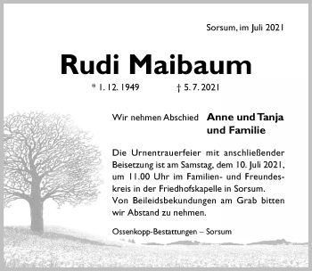 Traueranzeige von Rudi Maibaum von Hildesheimer Allgemeine Zeitung