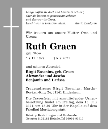 Traueranzeige von Ruth Graen von Hildesheimer Allgemeine Zeitung