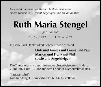 Traueranzeige von Ruth Maria Stengel von Hildesheimer Allgemeine Zeitung
