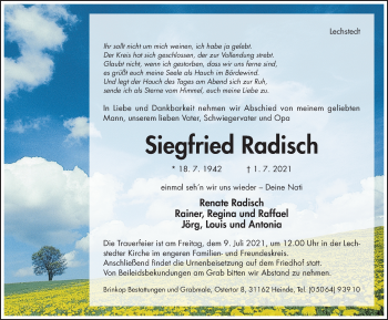 Traueranzeige von Siegfried Radisch von Hildesheimer Allgemeine Zeitung