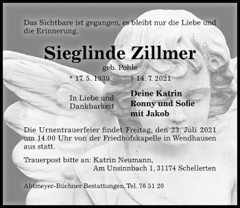 Traueranzeige von Sieglinde Zillmer von Hildesheimer Allgemeine Zeitung