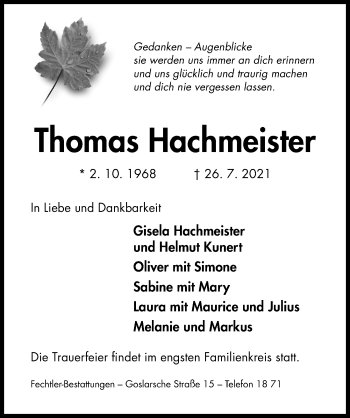 Traueranzeige von Thomas Hachmeister von Hildesheimer Allgemeine Zeitung