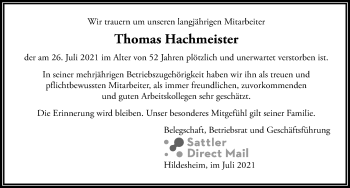 Traueranzeige von Thomas Hachmeister von Hildesheimer Allgemeine Zeitung