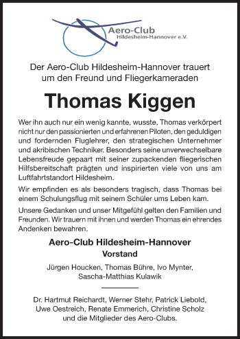 Traueranzeige von Thomas Kiggen von Hildesheimer Allgemeine Zeitung