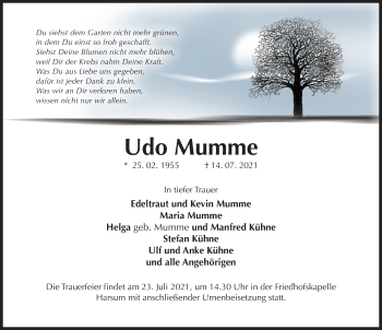 Traueranzeige von Udo Mumme von Hildesheimer Allgemeine Zeitung