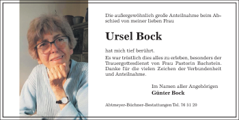 Traueranzeige von Ursel Bock von Hildesheimer Allgemeine Zeitung
