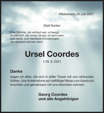 Traueranzeige von Ursel Coordes von Hildesheimer Allgemeine Zeitung