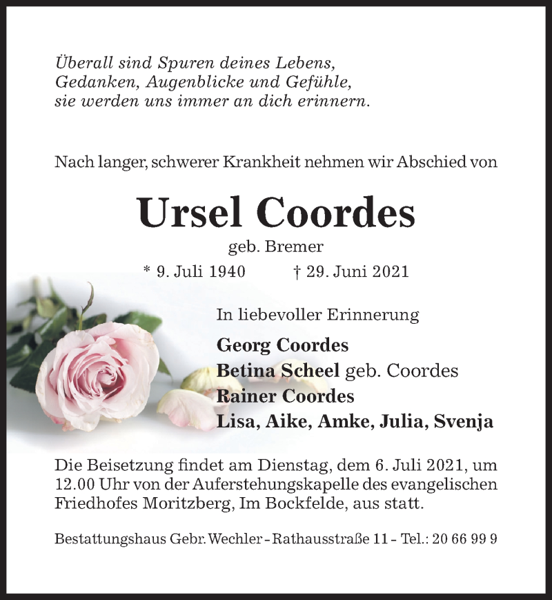  Traueranzeige für Ursel Coordes vom 03.07.2021 aus Hildesheimer Allgemeine Zeitung