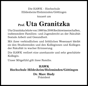 Traueranzeige von Uta Granitzka von Hildesheimer Allgemeine Zeitung