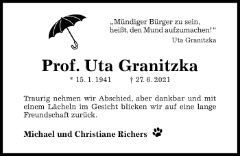 Traueranzeige von Uta Granitzka von Hildesheimer Allgemeine Zeitung