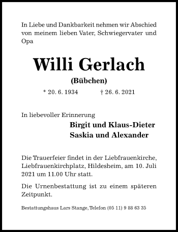 Traueranzeige von Willi Gerlach von Hildesheimer Allgemeine Zeitung