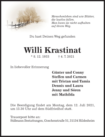 Traueranzeige von Willi Krastinat von Hildesheimer Allgemeine Zeitung