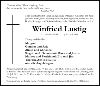 Traueranzeige von Winfried Lustig von Hildesheimer Allgemeine Zeitung