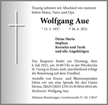 Traueranzeige von Wolfgang Aue von Hildesheimer Allgemeine Zeitung