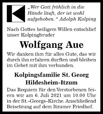 Traueranzeige von Wolfgang Aue von Hildesheimer Allgemeine Zeitung