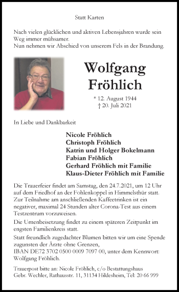 Traueranzeige von Wolfgang Fröhlich von Hildesheimer Allgemeine Zeitung
