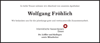 Traueranzeige von Wolfgang Fröhlich von Hildesheimer Allgemeine Zeitung