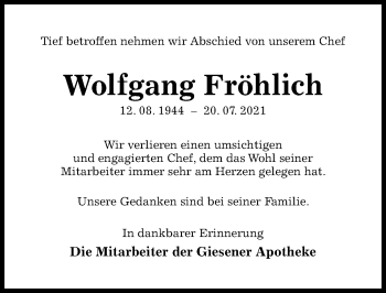 Traueranzeige von Wolfgang Fröhlich von Hildesheimer Allgemeine Zeitung