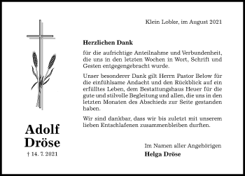 Traueranzeige von Adolf Dröse von Hildesheimer Allgemeine Zeitung