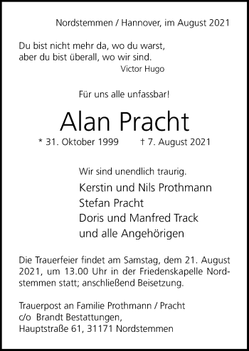 Traueranzeige von Alan Pracht von Hildesheimer Allgemeine Zeitung