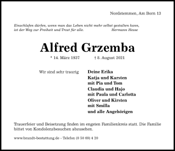Traueranzeige von Alfred Grzemba von Hildesheimer Allgemeine Zeitung