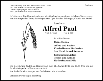 Traueranzeige von Alfred Paul von Hildesheimer Allgemeine Zeitung