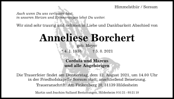 Traueranzeige von Anneliese Borchert von Hildesheimer Allgemeine Zeitung