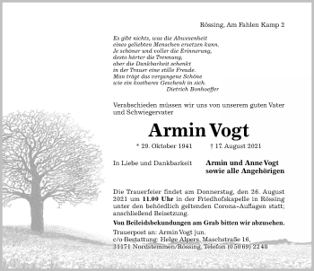 Traueranzeige von Armin Vogt von Hildesheimer Allgemeine Zeitung