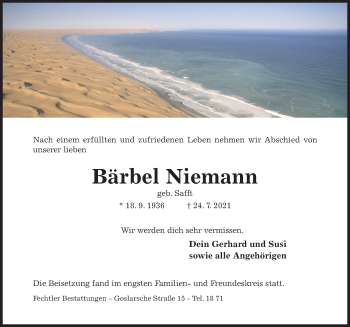 Traueranzeige von Bärbel Niemann von Hildesheimer Allgemeine Zeitung