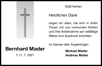 Traueranzeige von Bernhard Mader von Hildesheimer Allgemeine Zeitung