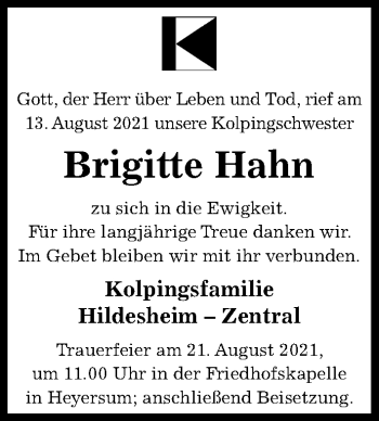 Traueranzeige von Brigitte Hahn von Hildesheimer Allgemeine Zeitung