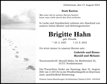 Traueranzeige von Brigitte Hahn von Hildesheimer Allgemeine Zeitung