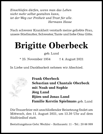Traueranzeige von Brigitte Oberbeck von Hildesheimer Allgemeine Zeitung