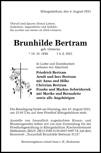 Traueranzeige von Brunhilde Bertram von Hildesheimer Allgemeine Zeitung