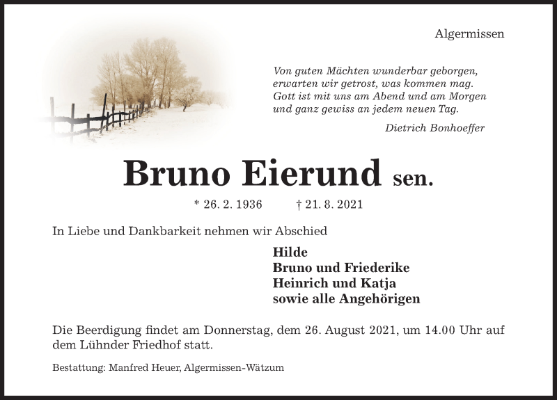  Traueranzeige für Bruno Eierund vom 24.08.2021 aus Hildesheimer Allgemeine Zeitung