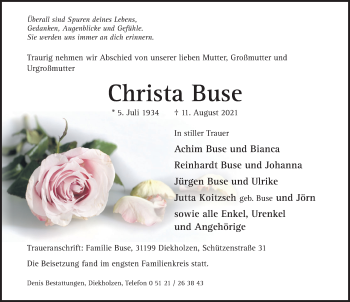 Traueranzeige von Christa Buse von Hildesheimer Allgemeine Zeitung