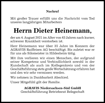 Traueranzeige von Dieter Heinemann von Hildesheimer Allgemeine Zeitung