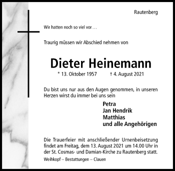 Traueranzeige von Dieter Heinemann von Hildesheimer Allgemeine Zeitung