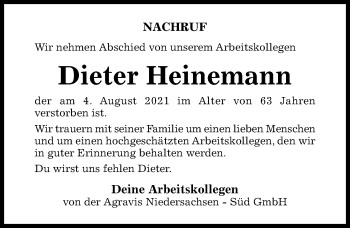 Traueranzeige von Dieter Heinemann von Hildesheimer Allgemeine Zeitung