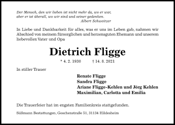 Traueranzeige von Dietrich Fligge von Hildesheimer Allgemeine Zeitung