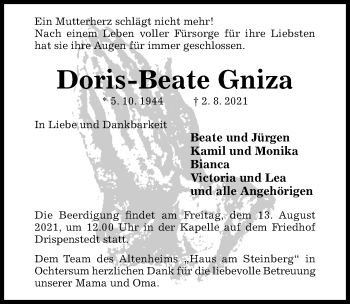 Traueranzeige von Doris-Beate Gniza von Hildesheimer Allgemeine Zeitung